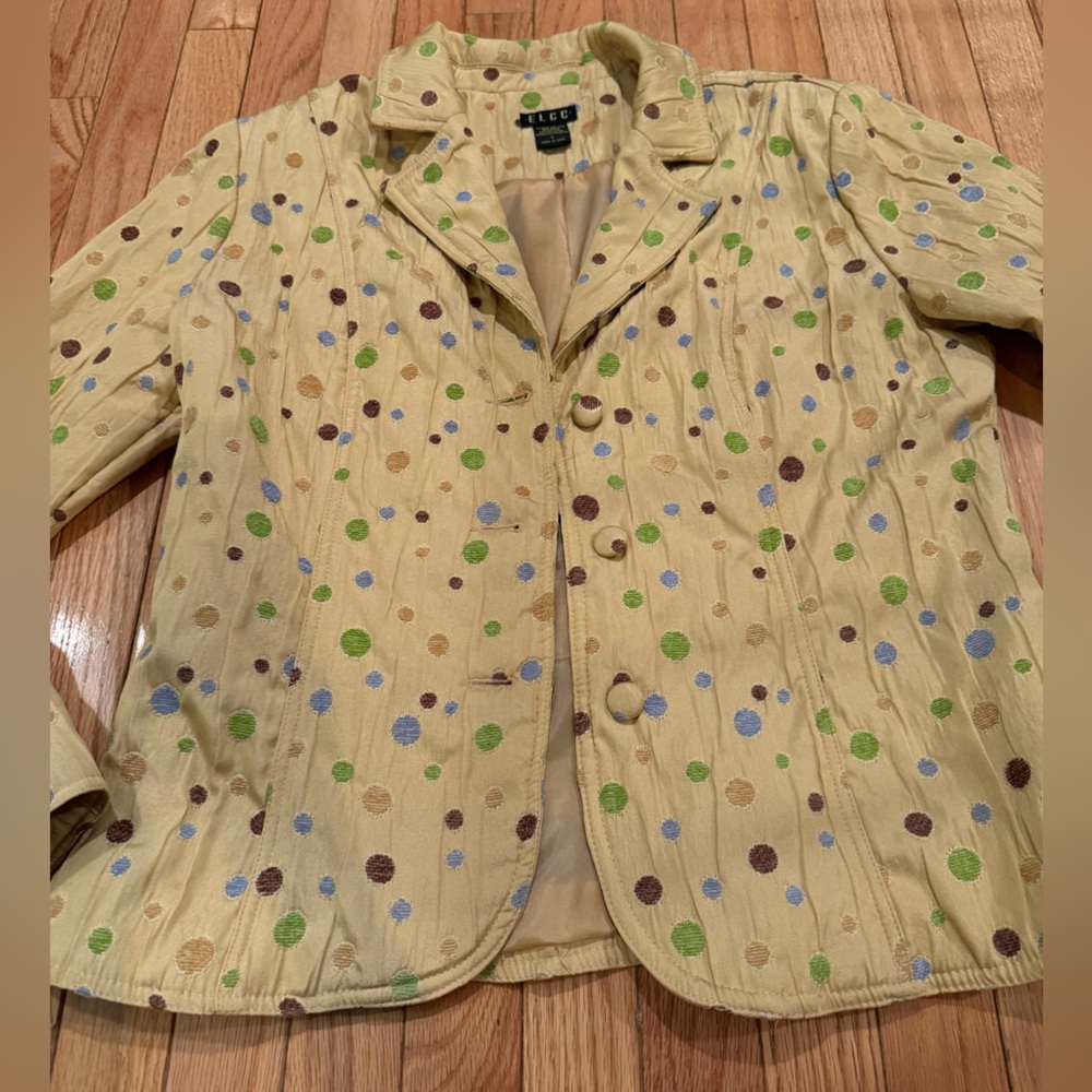 Chic Yellow Tan Green Blue Polka Dot Blazer fabric buttons - Picture 2 of 8